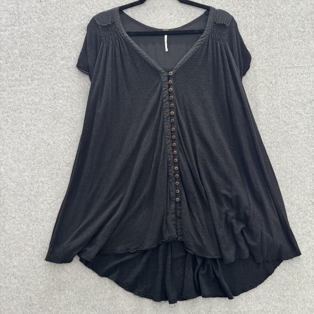 Free People Highland Shirt Sz M Black Button Boho Oversized Linen Festival Soft